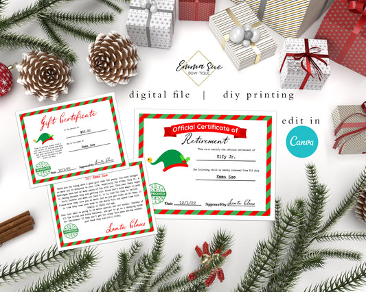 Elf Retirement Certificate, Letter from Santa and Gift Certificate | Instant Download  | Digital File