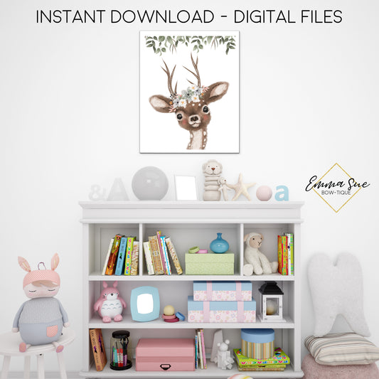 Woodland Floral Deer Wall Art - Nursery, Playroom, Bedroom Printable Sign  - Digital File - Instant Download