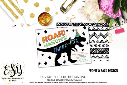 Roar Dinosaur Party Hat T-Rex Birthday Party Invitation Printable - Digital File  (Dino-BW)