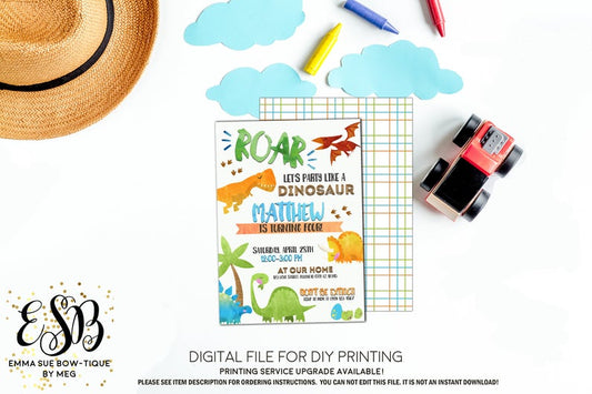Roar Let's Party like a Dinosaur Birthday Party Invitation Printable - Digital File  (Dino-water)