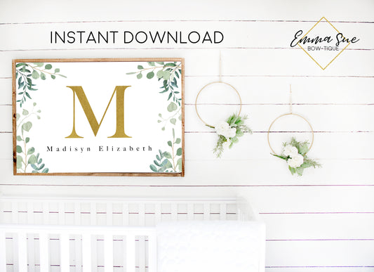 Watercolor Eucalyptus Greenery Gold Personalized Monogram Baby Name & Initial Sign - Kid's Room Or Nursery Printable Wall Art  - Digital File (Name-Peach36X24))