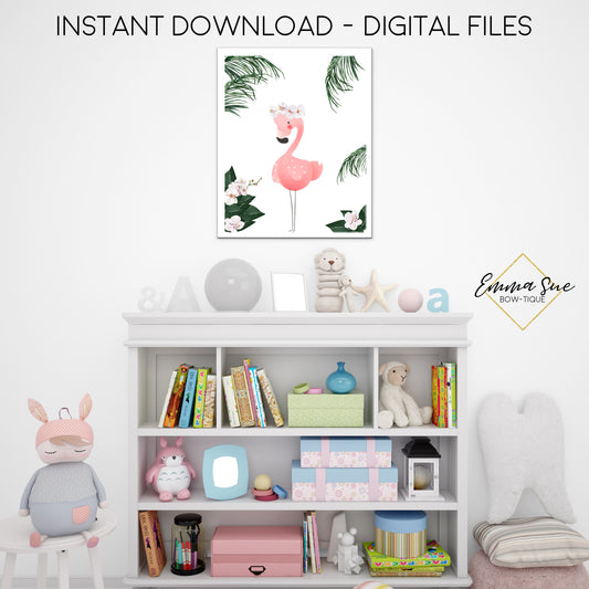 Flamingo Wall Art with Tropical Leaves- Girl's Nursery, Playroom, Bedroom Printable Sign  - Digital File - Instant Download