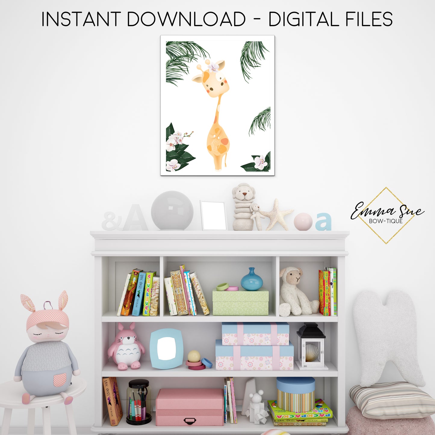 Tropical Jungle Safari Floral Giraffe Wall Art - Girl's Nursery, Playroom, Bedroom Printable Sign  - Digital File - Instant Download