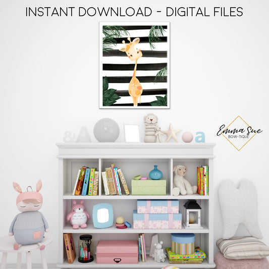 Jungle Safari Giraffe Wall Art with Black and White Stripe - Kid's Nursery, Playroom, Bedroom Printable Sign  - Digital File - Instant Download