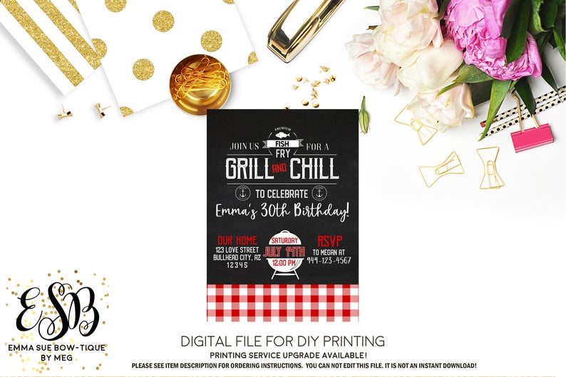Grill & Chill Fish Fry- BBQ Adult Birthday Party Invitation Printable - Digital File  (Grill-fishfry)