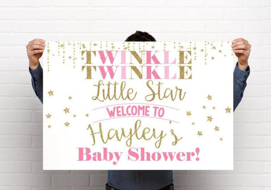 Pink Baby Girl Twinkle Twinkle Little Star Baby Shower or Birthday Welcome Sign - Party Decorations  - Digital File