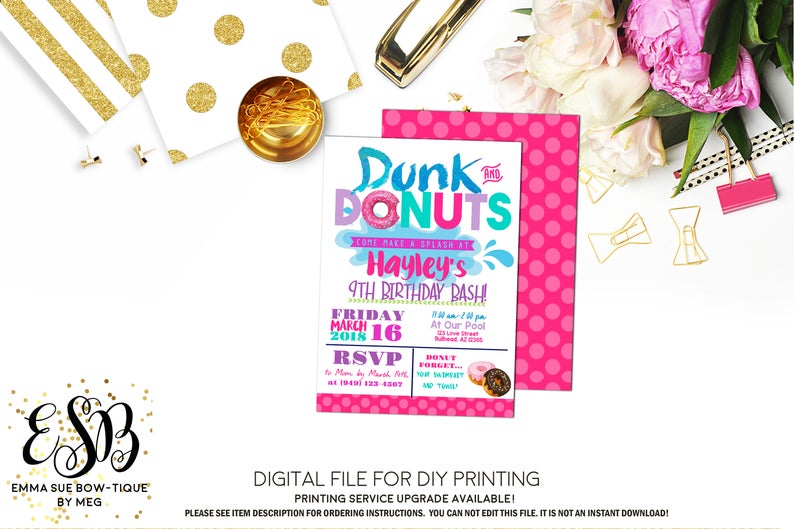 Dunk and Donut Pool Party Girl's Birthday invitation Printable - Digital File  (Dunk-Donut)