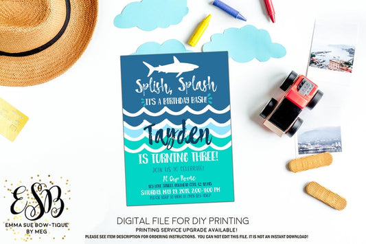 Shark Splish Splash Pool Party Birthday invitation Printable - Digital File  (shark-splash)