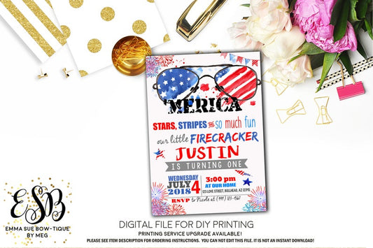 'Merica Patriotic Red White and Blue Birthday invitation Printable - Digital File  (Rwb-merica)