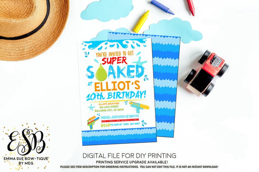 Super Soaked Water Gun Water Balloon Birthday Party invitation Printable - Digital File  (water-partywht01)