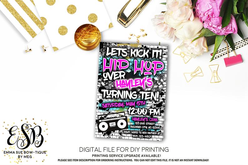 Let's Kick it Hip Hop 90's Birthday Party invitation Printable - Digital File  (hiphop-boy)