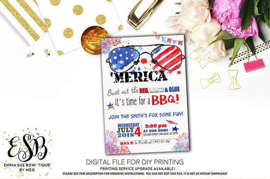 'Merica Patriotic Red White and Blue BBQ invitation Printable - Digital File  (Rwb-MericaBBQ)