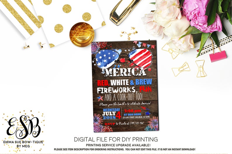 'Merica Patriotic Red White and Blue BBQ invitation Printable - Digital File  (Rwb-MericaBBQWood)