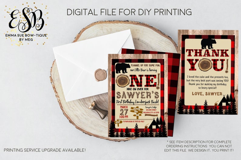 Flannel up for some fun Lil Lumberjack 1st Birthday Party invitation Printable - Digital File  (one-lumber)