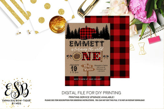 Wild One - Little Bear Lumberjack 1st Birthday Party invitation Printable - Digital File  (flannel-one)