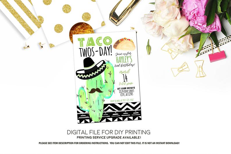 Taco Twos-day 2nd Birthday Party Invitation Printable - Digital File  (taco-cactus19)