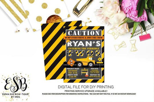 Terrible Two's Construction Dump Truck 2nd Birthday Party Invitation Printable - Digital File  (Terrible-two)