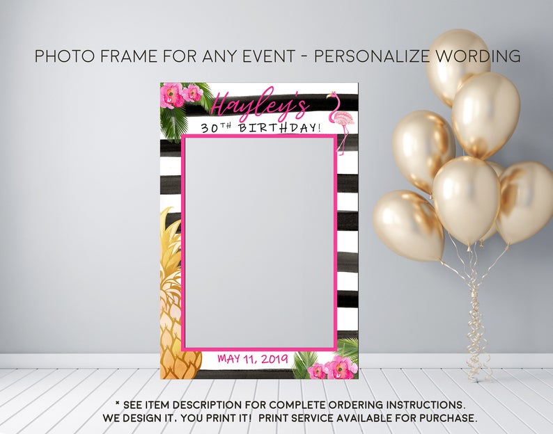 Flamingo Pineapple Party Tropical Luau Black and White Striped Photo Prop Frame Sign - Digital File