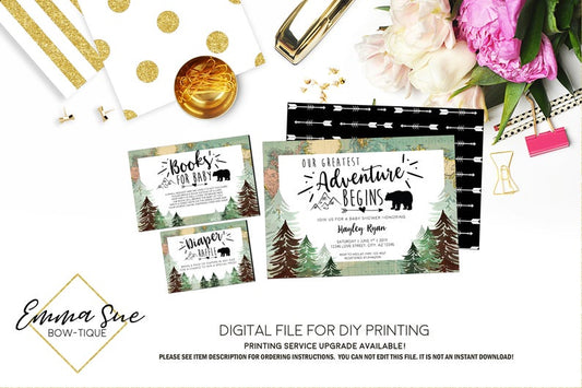 Adventure Awaits Baby Shower Invitation - Vintage Map and bear boys woodland- Digital Printable File  (Baby-adventure map)