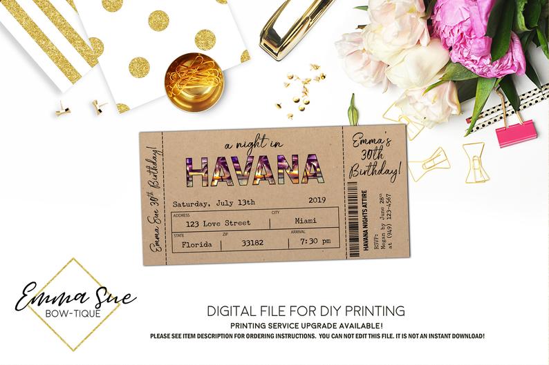 Havana Nights Boarding Pass Tropical Birthday invitation Printable - Digital File  (Havana-ticket)