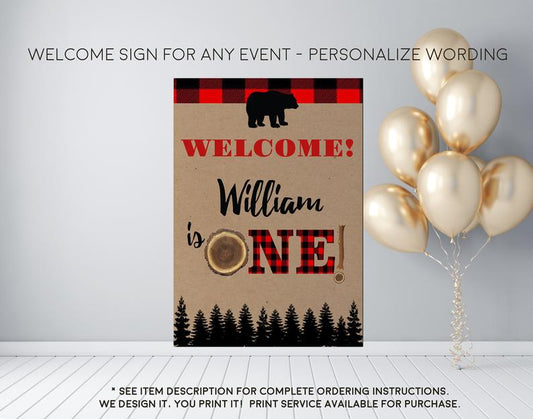 Flannel 1st Birthday Lumberjack Little Bear Buffalo Check Birthday Welcome Sign - Party Decorations  - Digital File