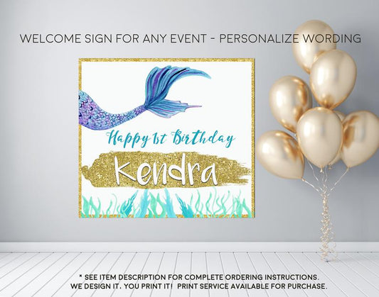 Girl's Watercolor Mermaid Tail Birthday Welcome Sign - Party Decorations  - Digital File