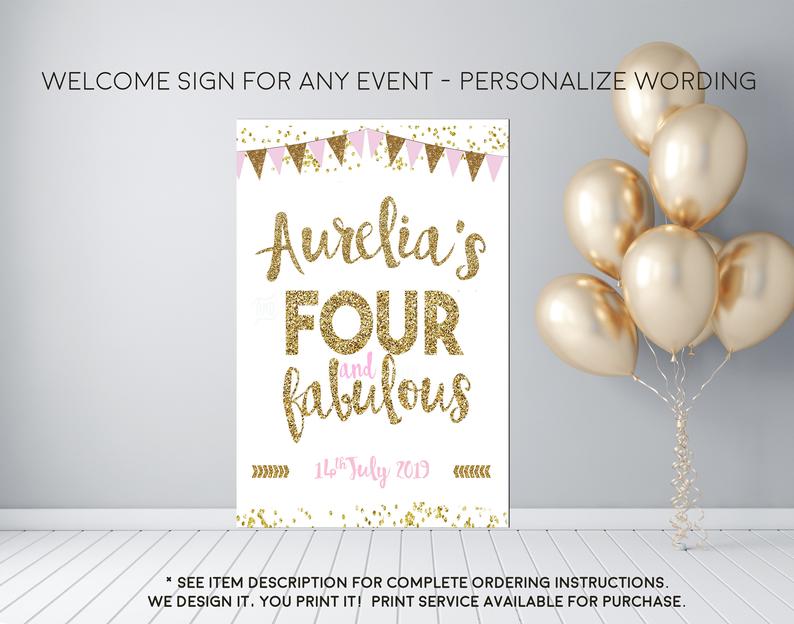Girl's Four & Fabulous Pink and Gold Birthday Welcome Sign - Party Decorations  - Digital File
