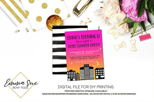 Hotel Party Sleepover Slumber Party Birthday invitation Printable - Digital File  (hotel-pink)
