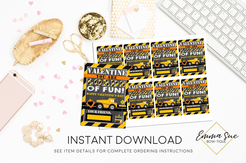 Valentine you are Loads of Fun- Construction Dump Truck - Kid's Valentine's Day Card Printable - Digital File - Instant Download