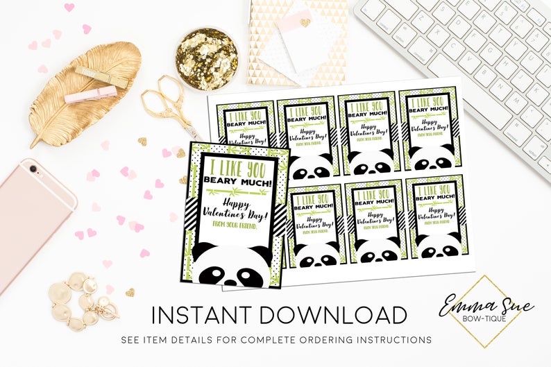 Panda Bear - I like you Beary Much - Kid's Valentine's Day Card Printable - Digital File - Instant Download