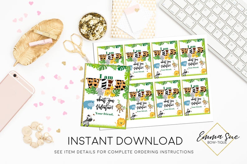 Jungle Safari Animal - I am Wild about you - Kid's Valentine's Day Card Printable - Digital File - Instant Download
