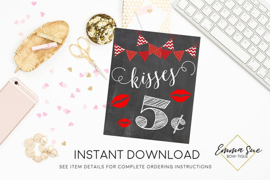 Kisses 5 cents Valentine's Day Printable Sign, Valentine Party Decorations  - Digital File - INSTANT DOWNLOAD