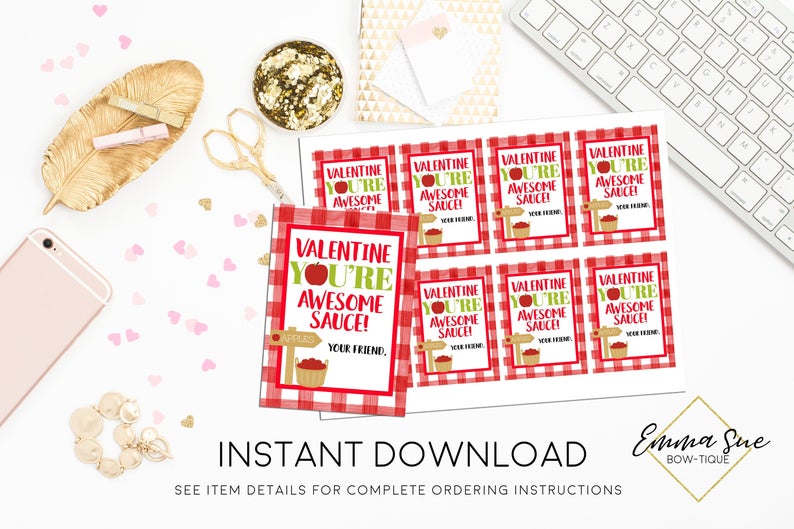 Apple Sauce - Valentine You're Awesome Sauce - Valentine's Day Card Printable - Digital File