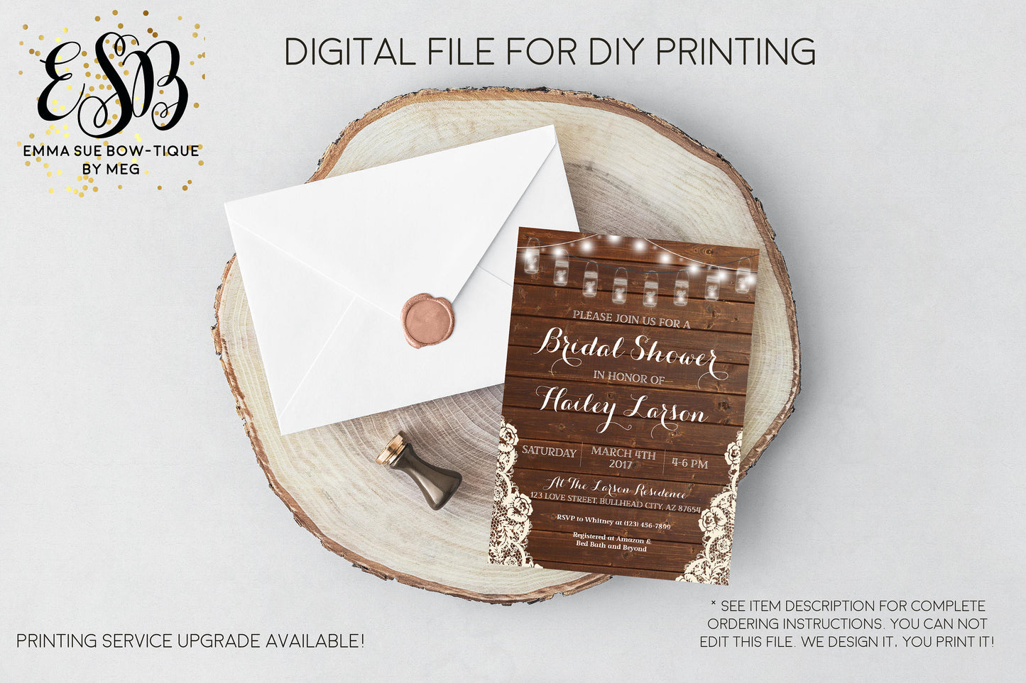 Bridal Shower Invitation- Rustic Country Stringed Lights with Mason Jar Dark Wood Background with Lace - Digital File Printable (bridal-Mason)