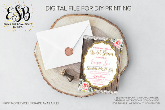 Bridal Shower Lace and gold Wooden Background Spring Flowers Rustic Invitation - Digital File Printable (bridal-Lacewood)