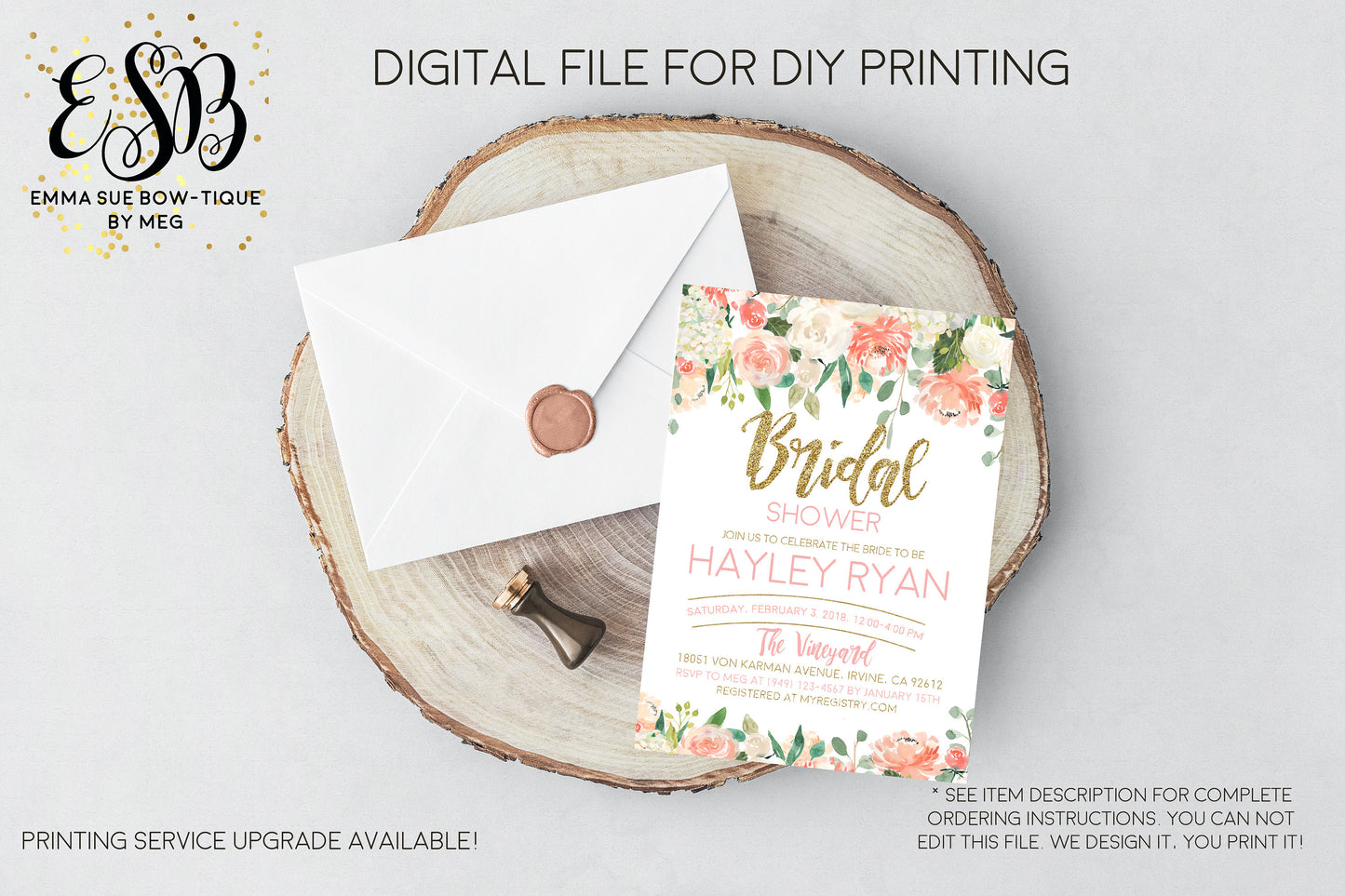 Bridal Shower Invite Spring Flowers Peaches and Cream Gold Glitter - Digital File Printable (bridal-2018 peachcream)