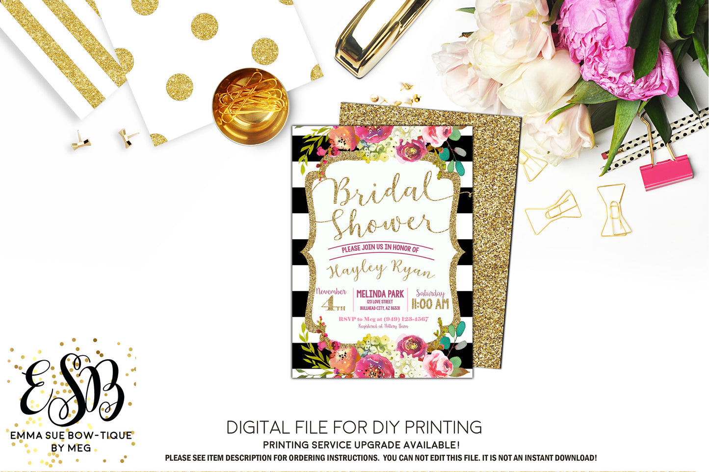 Bridal Shower Gold Glitter Black and White Stripes Flowers Invitation - Digital File Printable - (bridal-BWflower)