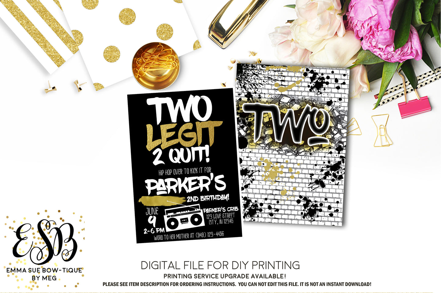Two Legit 2 Quit - Hip Hop 2nd Birthday invitation Printable - Digital File  (2Legit-Quit2018)