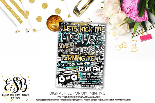 Let's Kick it Hip Hop 90's Birthday Party invitation Printable - Digital File  (hiphop-boy)