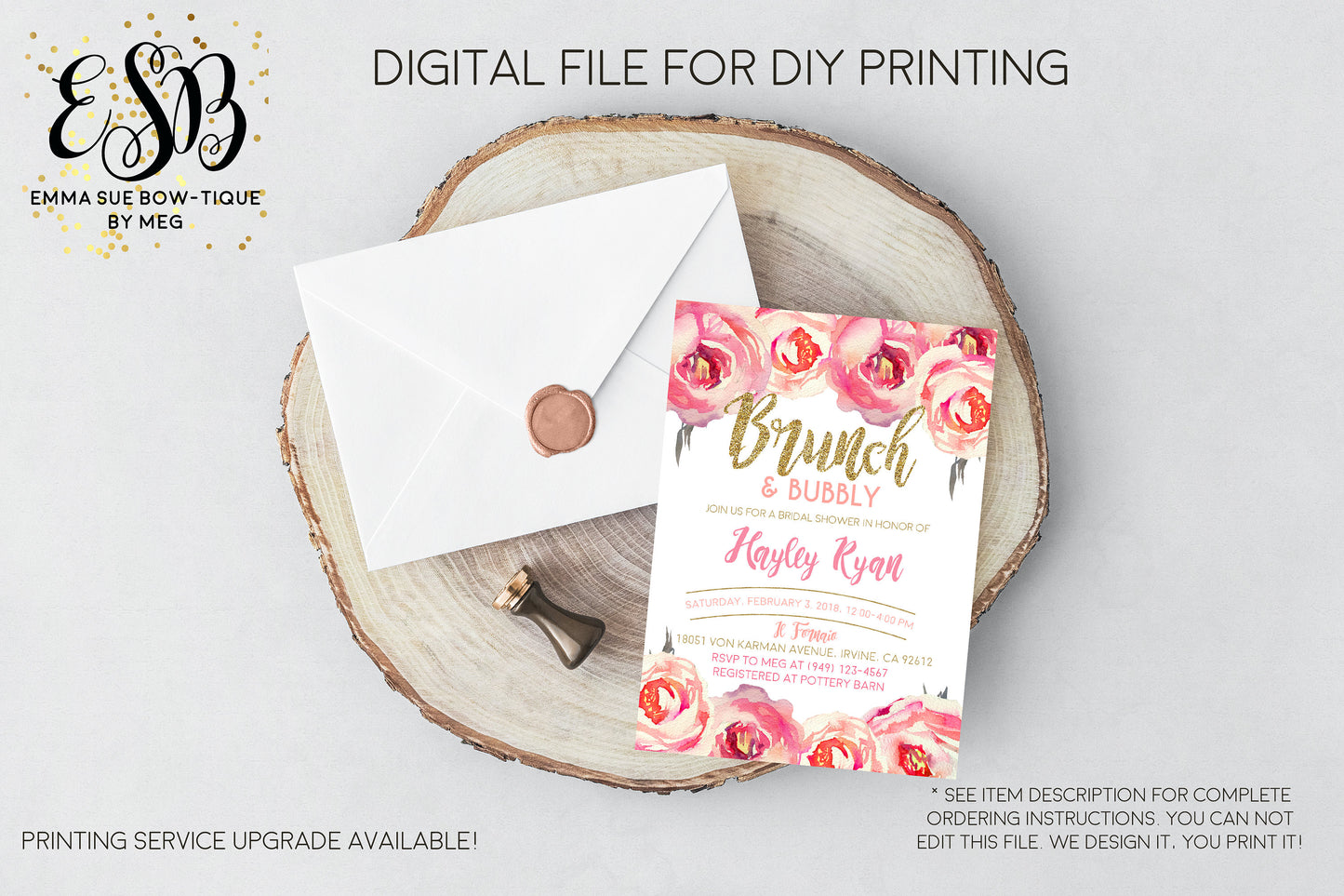 Brunch and Bubbly Invite - ANY Event - Pink and Rose Flowers with Gold Glitter - Digital File Printable (bridal-floralbrunch)