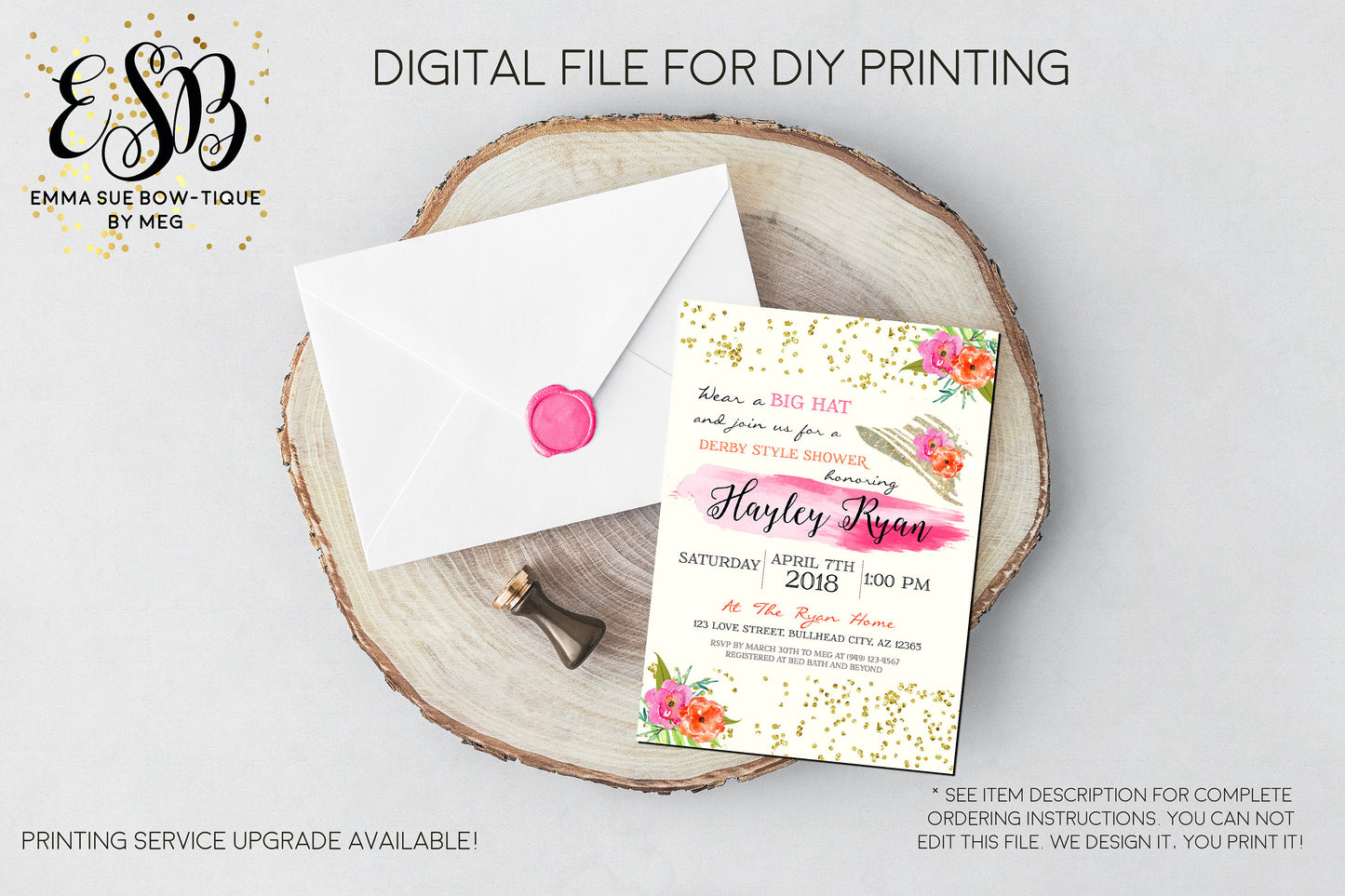 Spring Southern Derby Bridal or Baby Shower Invite Big Hat Party, Tea Party - Digital File Printable (bridal-Spring)