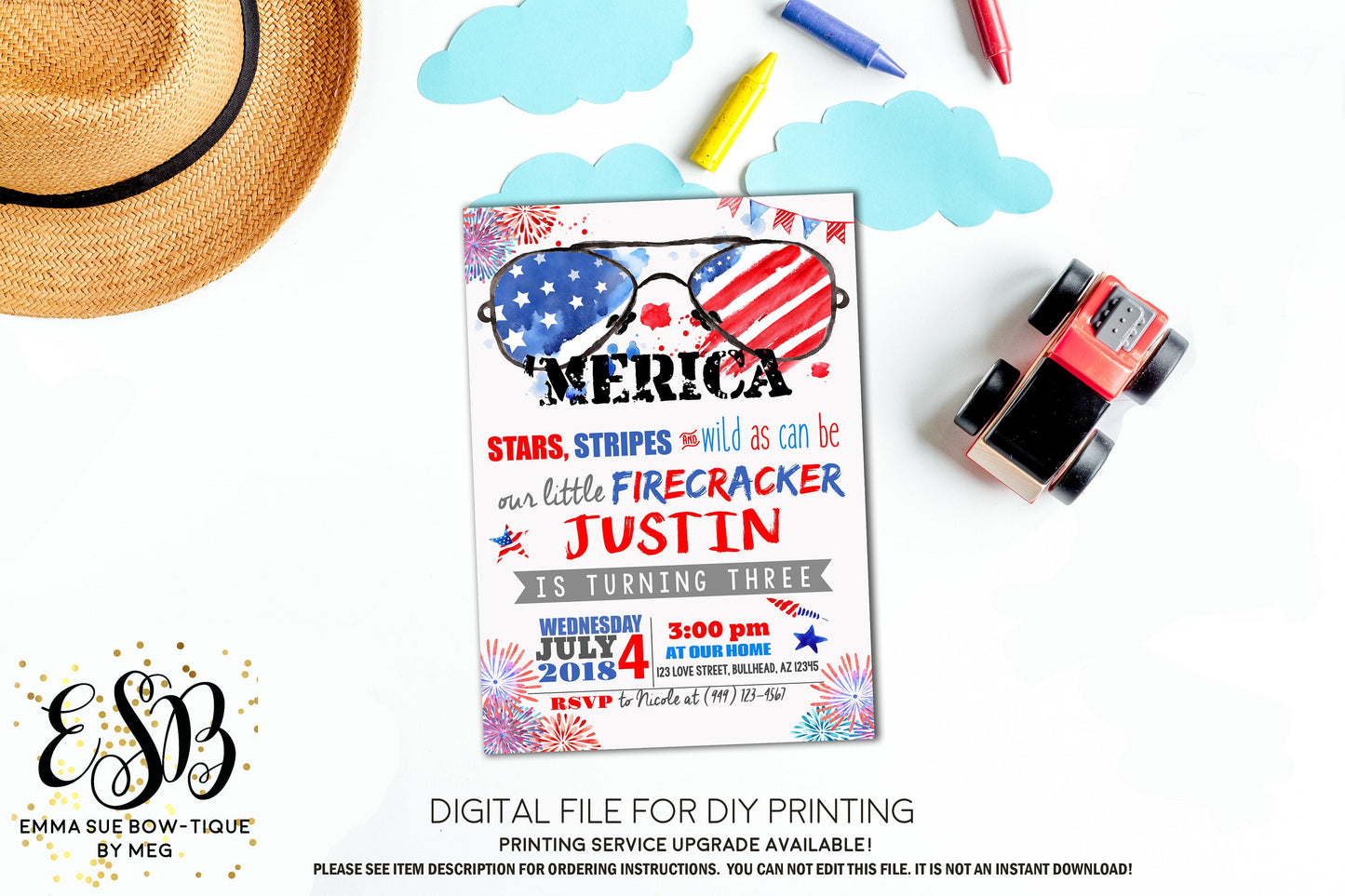 'Merica Patriotic Red White and Blue Birthday invitation Printable - Digital File  (Rwb-mericathree)