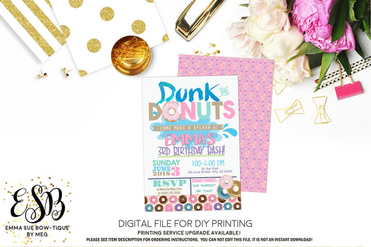 Dunk and Donut Pool Party Girl's Birthday invitation Printable - Digital File  (Dunk-DonutPastel)