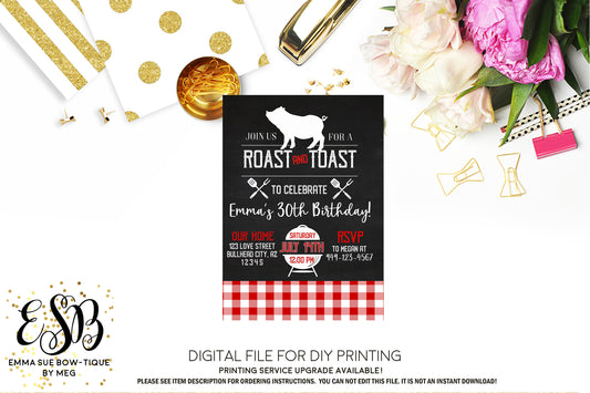 Roast and Toast Gingham BBQ Adult Birthday invitation Printable - Digital File  (roast-toast)