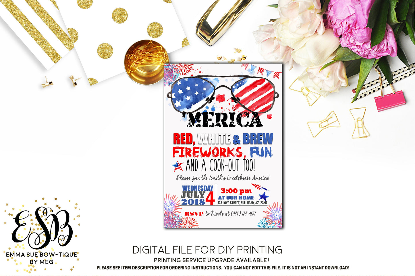 'Merica Patriotic Red White and Brew BBQ invitation Printable - Digital File  (Rwb-MericaBrew)