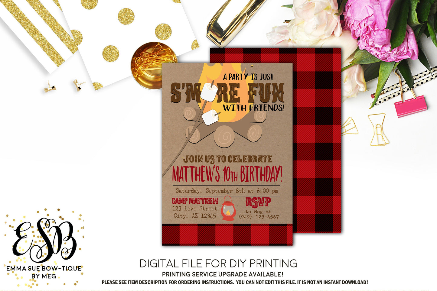 A party is just S'more Fun with Friends Buffalo Plaid Birthday Party invitation Printable - Digital File  (smore-marshmellow)