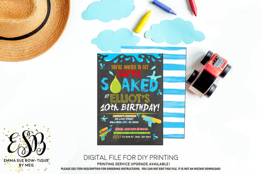 Super Soaked Water Gun Water Balloon Birthday Party invitation Printable - Digital File  (water-party01)