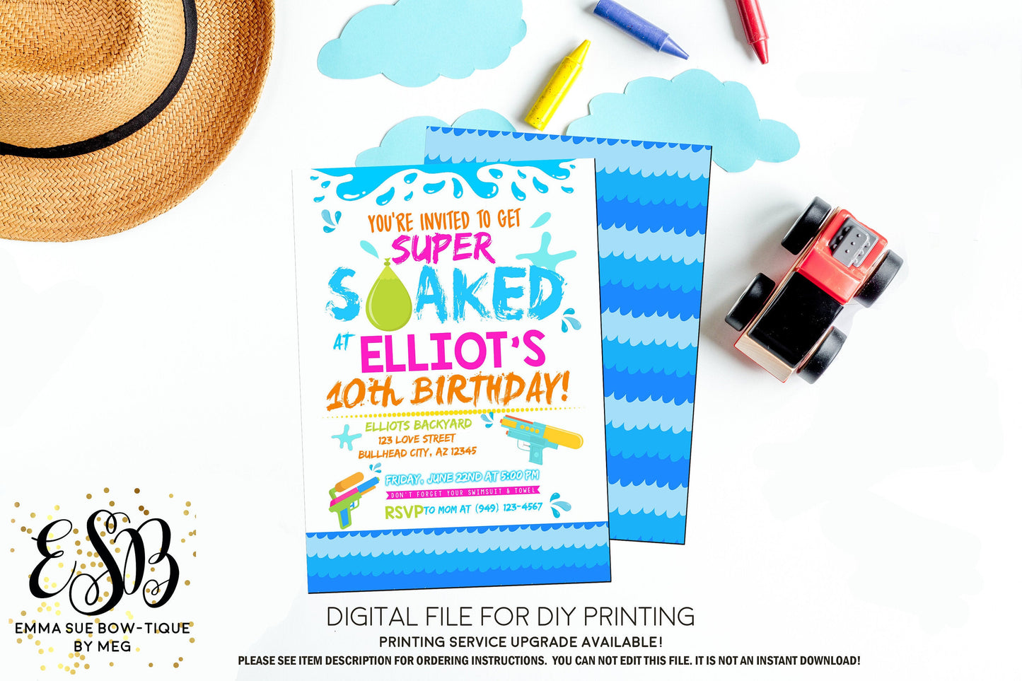 Girl's Super Soaked Water Gun Water Balloon Birthday Party invitation Printable - Digital File  (water-partywhtGrl)
