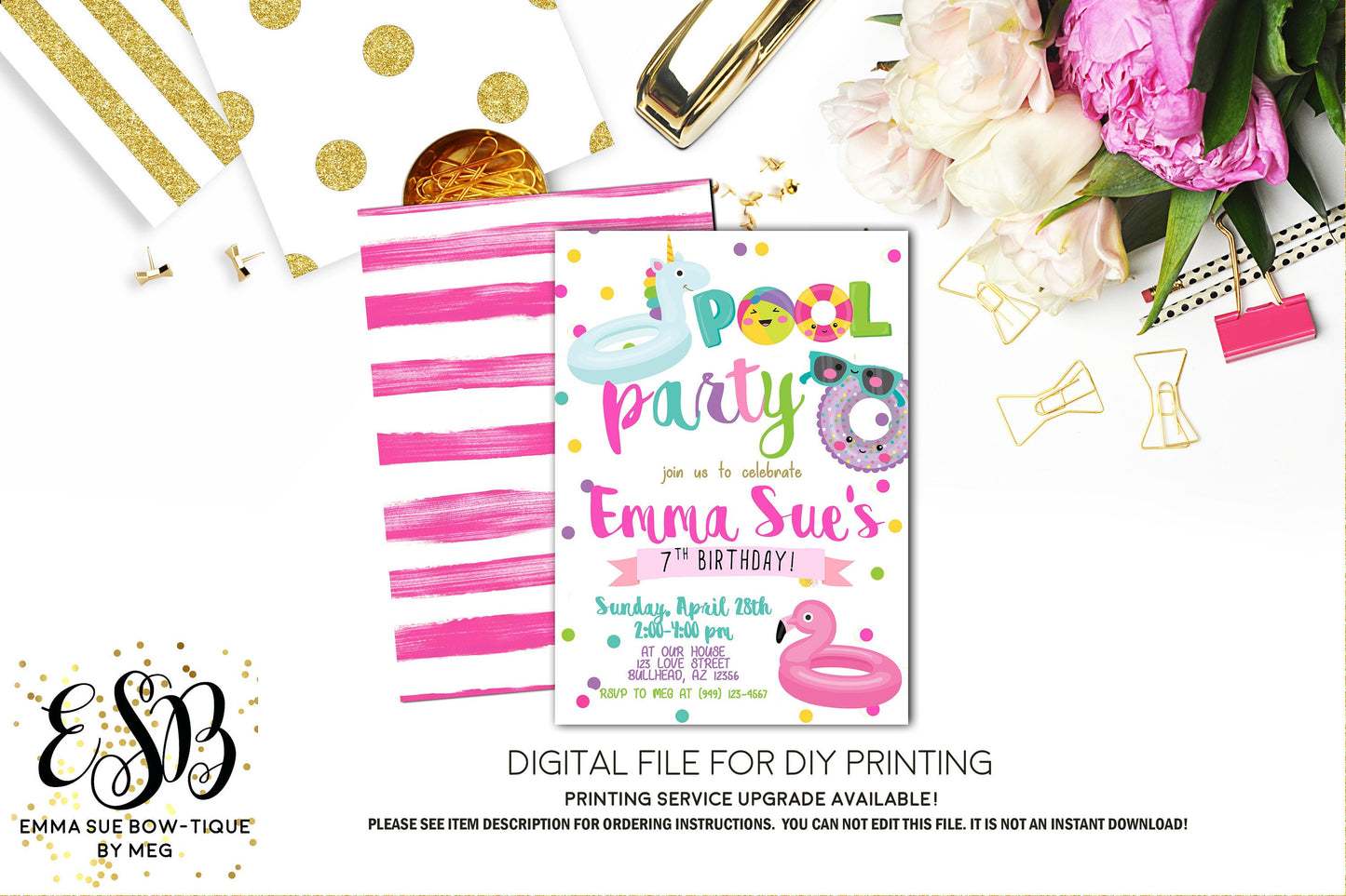 Pool Party Unicorn Flamingo Pool Float Girls Birthday invitation Printable - Digital File  (pool-2019)