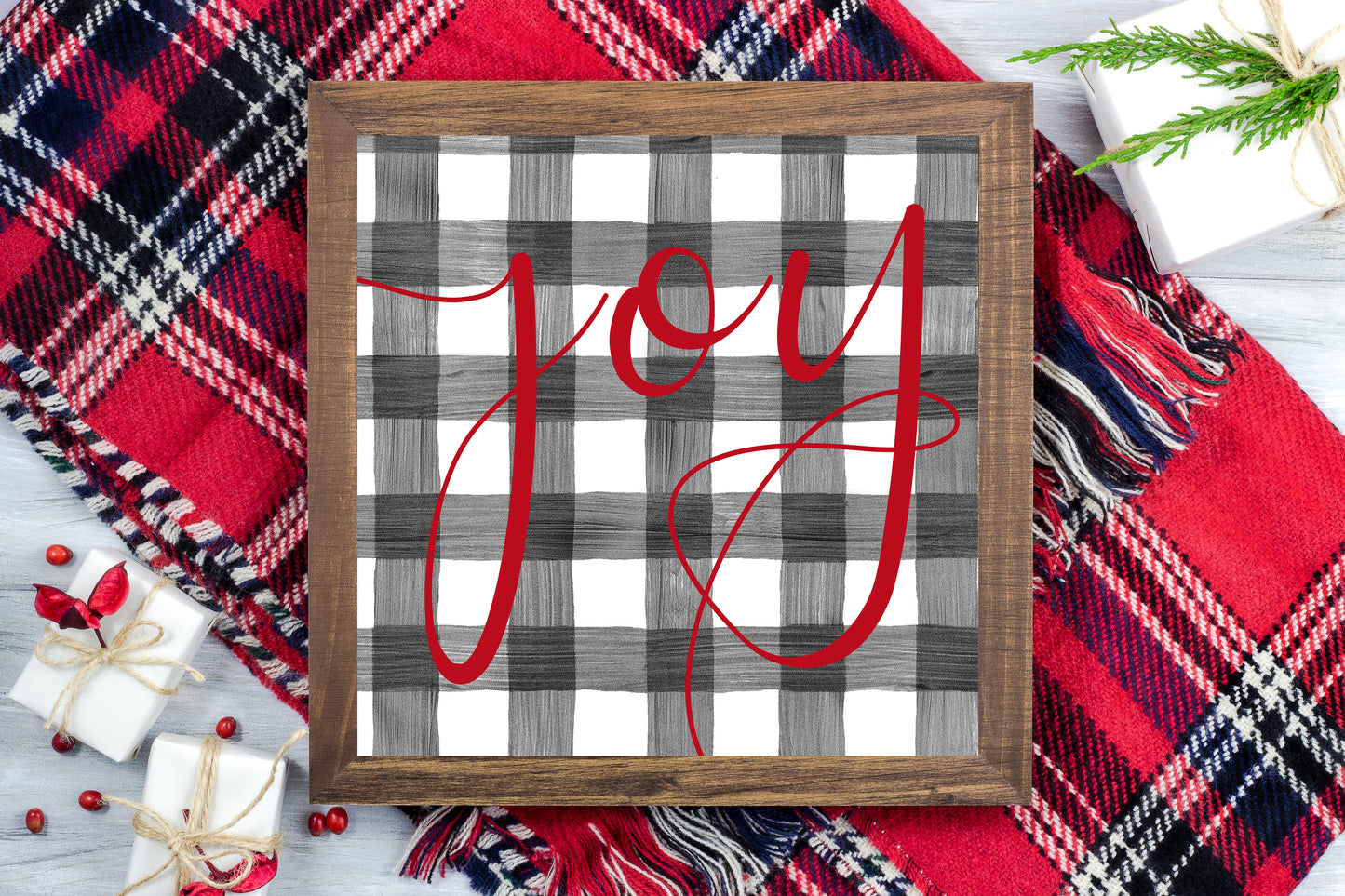 Joy - Black and White Buffalo Plaid Christmas Printable Sign Farmhouse Style  - Digital File